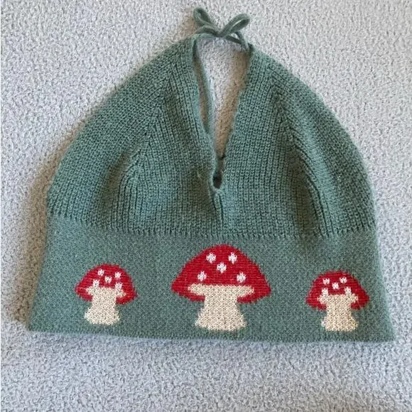Mushroom Crop Tank Top Halter Large Knit V-Neck Cottagecore Red Green Bralette - Picture 1 of 12